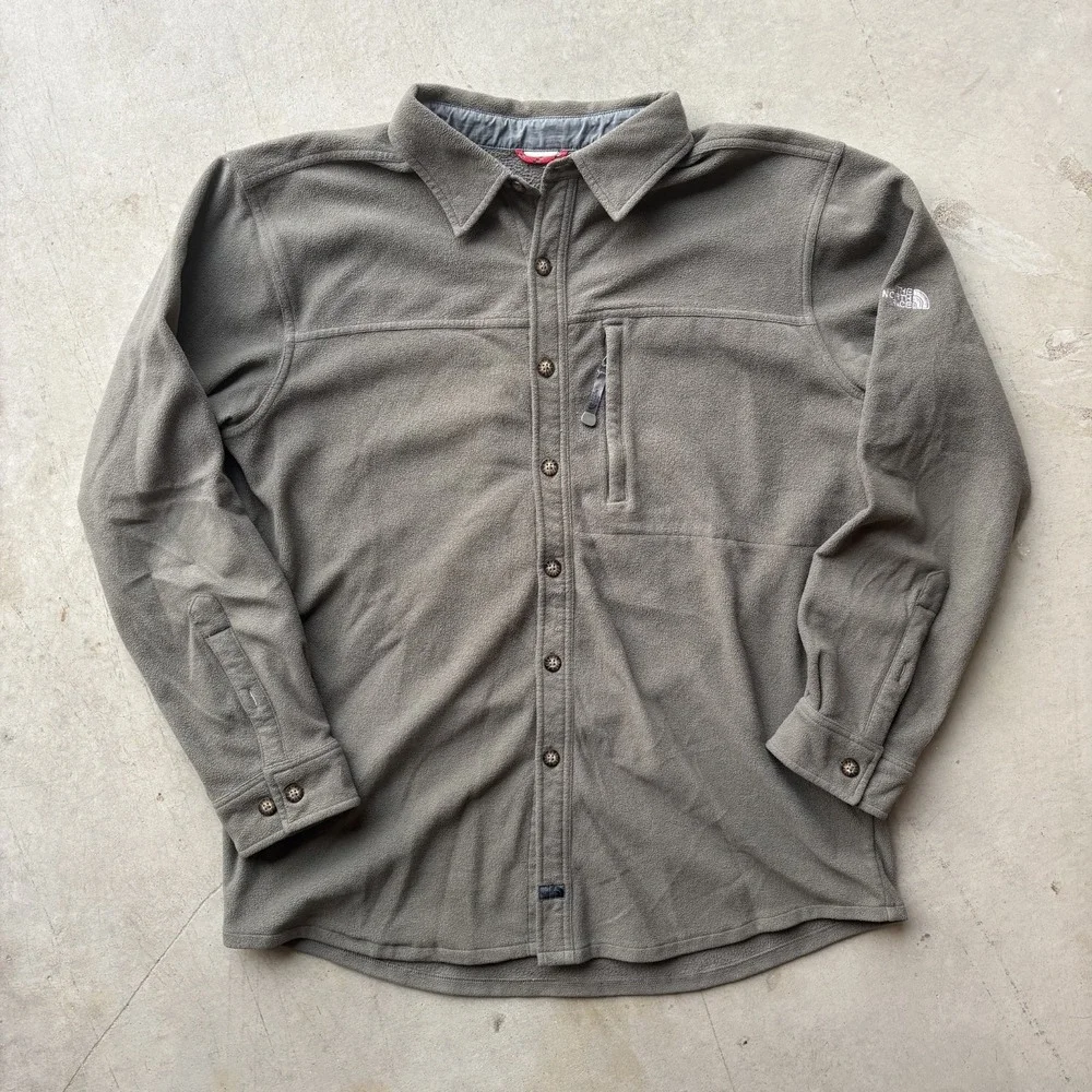 The North Face Fleece Shirt Jacket Mens XXL Olive Brown Button Up Zip Pocket